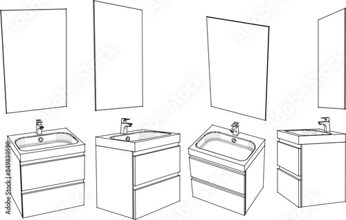 Vector illustration sketch of modern hand wash sink furniture interior design drawing with vanity mirror
