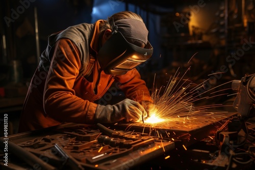 A welder wearing protective gear is using a welding torch to work on a metal project. The welder is focused on the work and sparks are flying from the torch