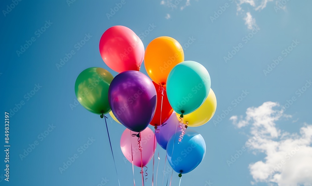 Bunch of colorful helium balloons are floating high up in blue sky,Generative AI Bunch of colorful helium balloons are floating high up in blue sky,Generative AI