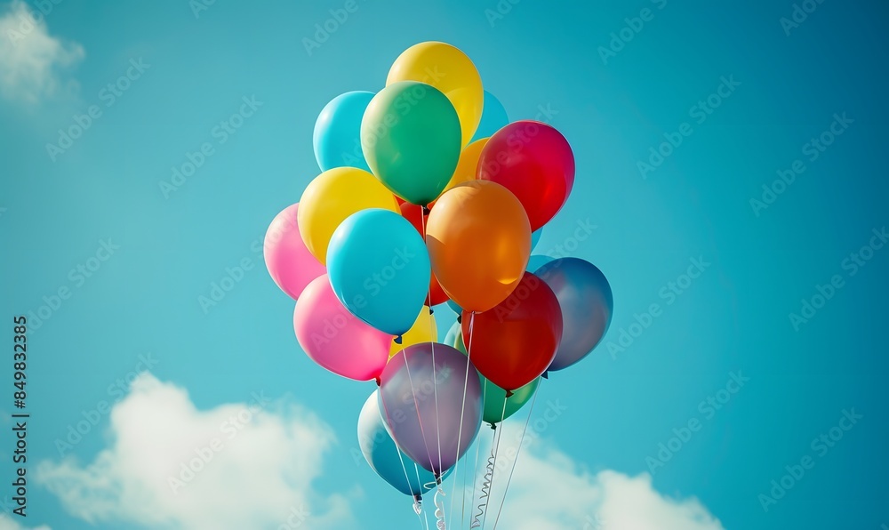 Bunch of colorful helium balloons are floating high up in blue sky,Generative AI Bunch of colorful helium balloons are floating high up in blue sky,Generative AI