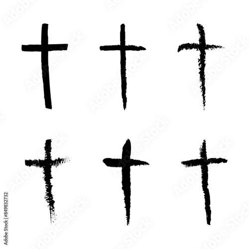 Cross icons vector. Black grunge crosses. Six brush stroke designs. Religious symbols.