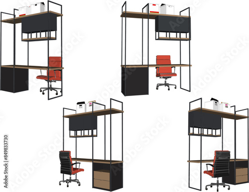 Vector illustration sketch of work desk design drawing with file cabinet and office chair