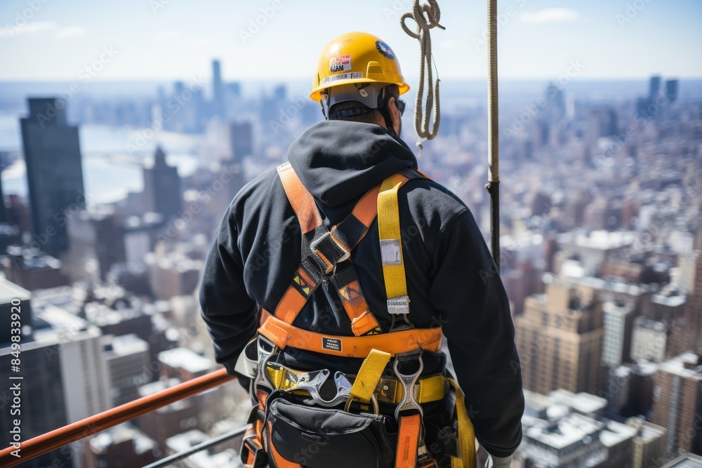 Fototapeta premium A worker in a hard hat and safety harness is on a rooftop, looking over a city skyline. The worker wears black attire and a bright yellow harness