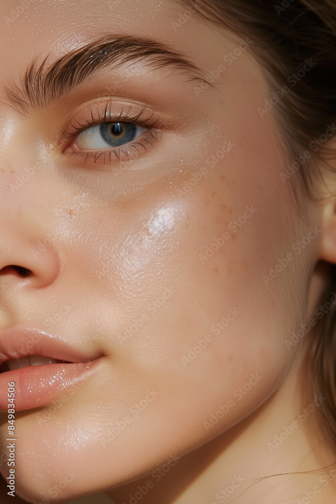 Fototapeta premium Detailed Close-Up of a Young Woman in Her 20s with Glowing, Healthy Skin, Without Makeup