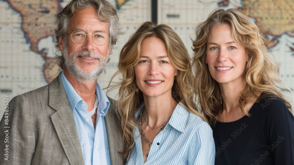 Three smiling individuals standing together in front of a world map background, embodying a cheerful and friendly atmosphere in their casual attire Three smiling individuals standing together in front of a world map background, embodying a cheerful and friendly atmosphere in their casual attire
