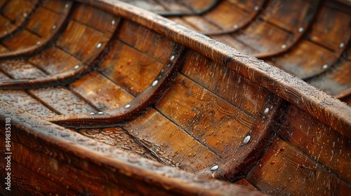 Wallpaper Mural Close-up of a rowboat's intricate wooden planks, detailing the texture, rain droplets, and craftsmanship in a serene setting Torontodigital.ca