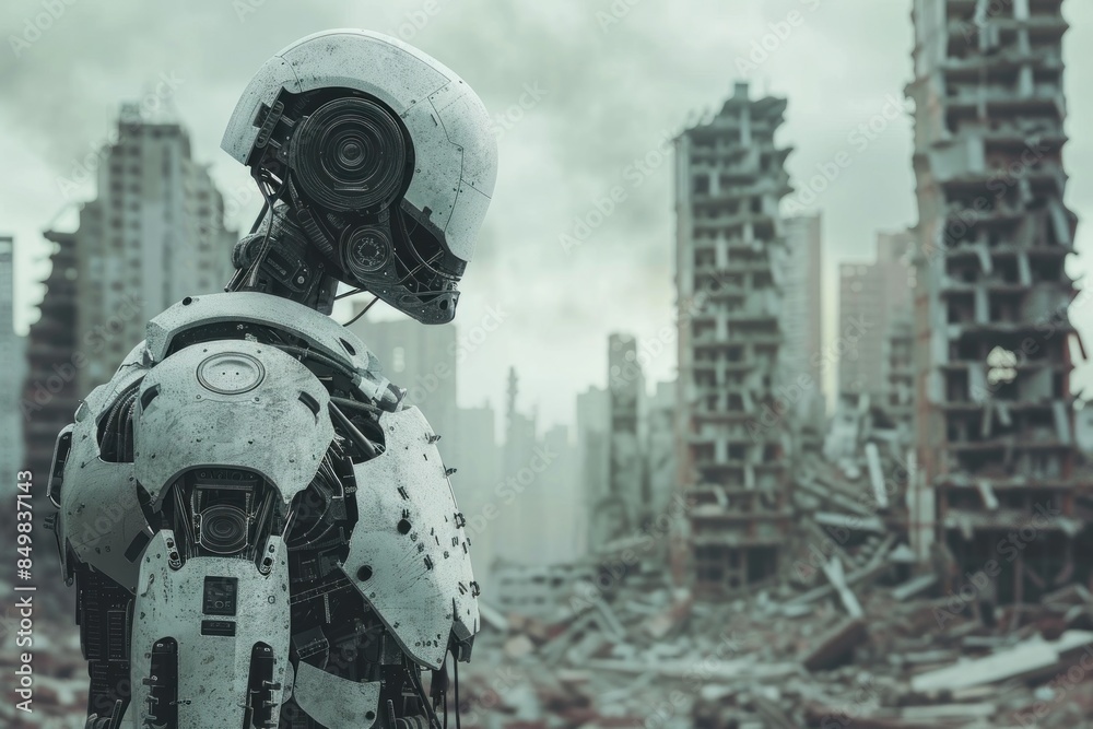 A robot stands in a ruined city, looking at destroyed city. A robot stands in a ruined city, looking at destroyed city.