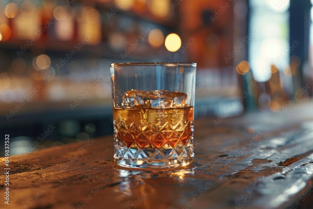 A glass of liquor with an orange slice in it sits on a wooden bar counter. A glass of liquor with an orange slice in it sits on a wooden bar counter.