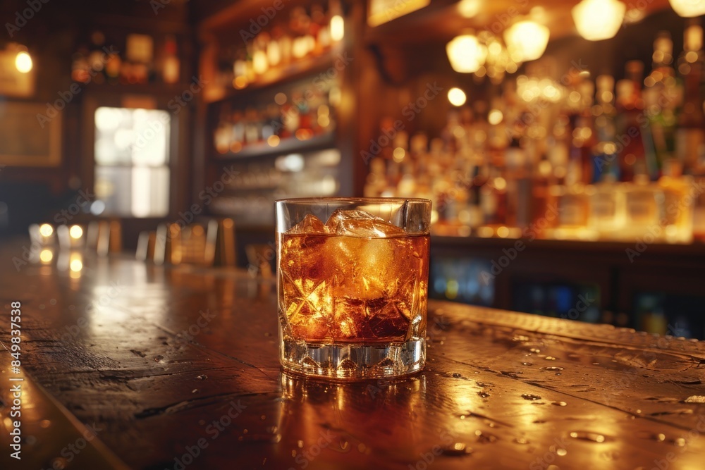 A glass of liquor with an orange slice in it sits on a wooden bar counter. A glass of liquor with an orange slice in it sits on a wooden bar counter.