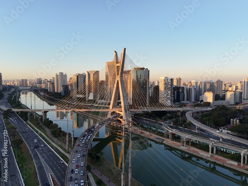 Octávio Frias de Oliveira Bridge, also known as Stayed-cable Bridge, and Marginal Pinheiros Avenue - São Paulo, Brazil photo