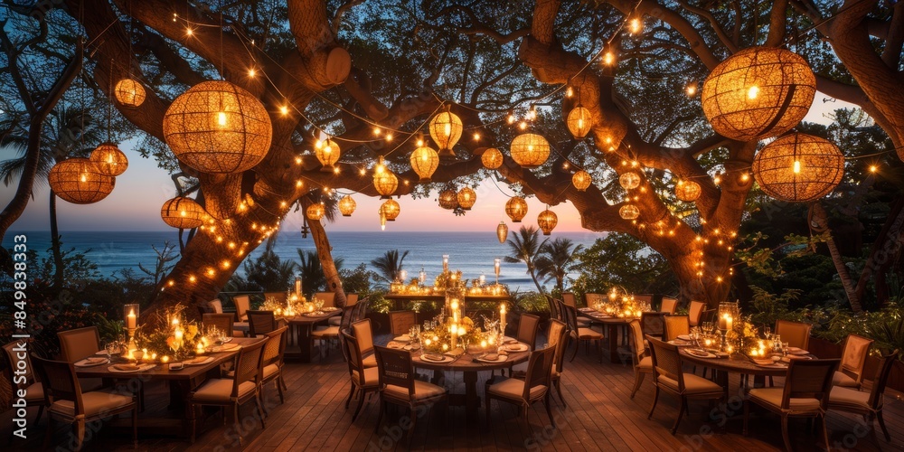 Obraz premium A beautifully decorated outdoor dining area under tree branches adorned with lanterns and string lights, overlooking a scenic sunset and ocean view