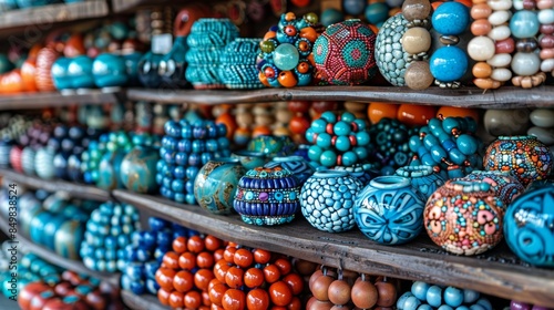 A vibrant display of intricately designed, colorful ceramic and glass beads and ornaments neatly arranged on wooden shelves in a local market