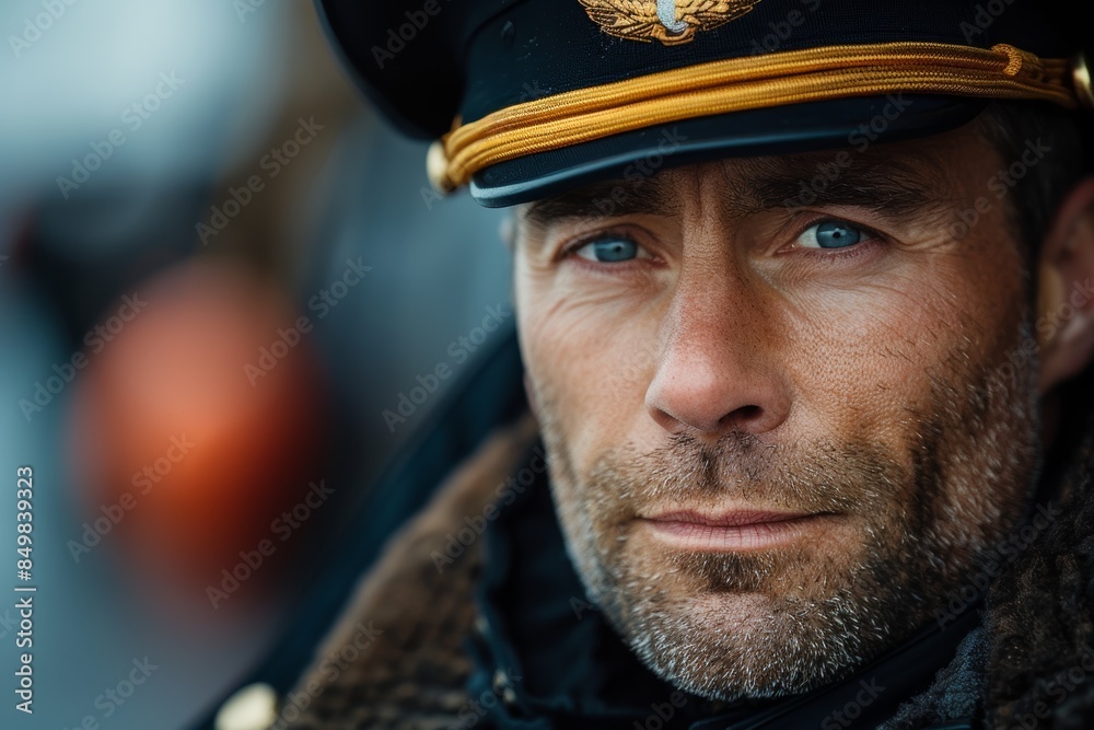 Close-up portrait of a man wearing a formal navy officer's cap with intense blue eyes and a serious expression, focusing on facial details and cap insignia Close-up portrait of a man wearing a formal navy officer's cap with intense blue eyes and a serious expression, focusing on facial details and cap insignia
