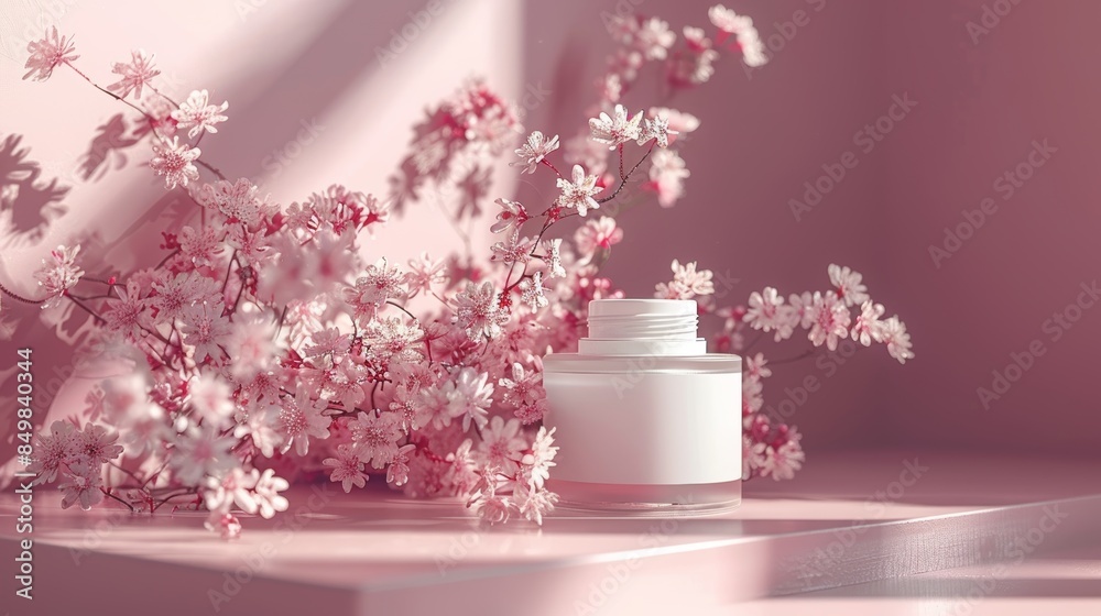 Elegant minimalistic cosmetic jar set against a serene backdrop of soft pink cherry blossoms, creating a harmonious and visually appealing scene Elegant minimalistic cosmetic jar set against a serene backdrop of soft pink cherry blossoms, creating a harmonious and visually appealing scene