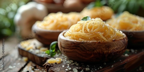 A beautifully arranged dish of spaghetti in rustic wooden bowls, garnished with grated cheese and fresh herbs, set on a wooden table adorned with ingredients