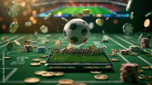 Fototapeta Naklejka Na Ścianę i Meble -  Soccer ball on phone screen with gold coins and scattered money. Concept of gambling or sports lotto, Online casino.