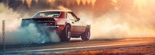 Classic muscle car doing a burnout with smoke.