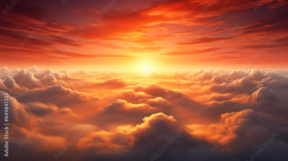 Fototapeta premium sunset with a fiery orange sun sinking below , warm glow over the clouds and the landscape below. 