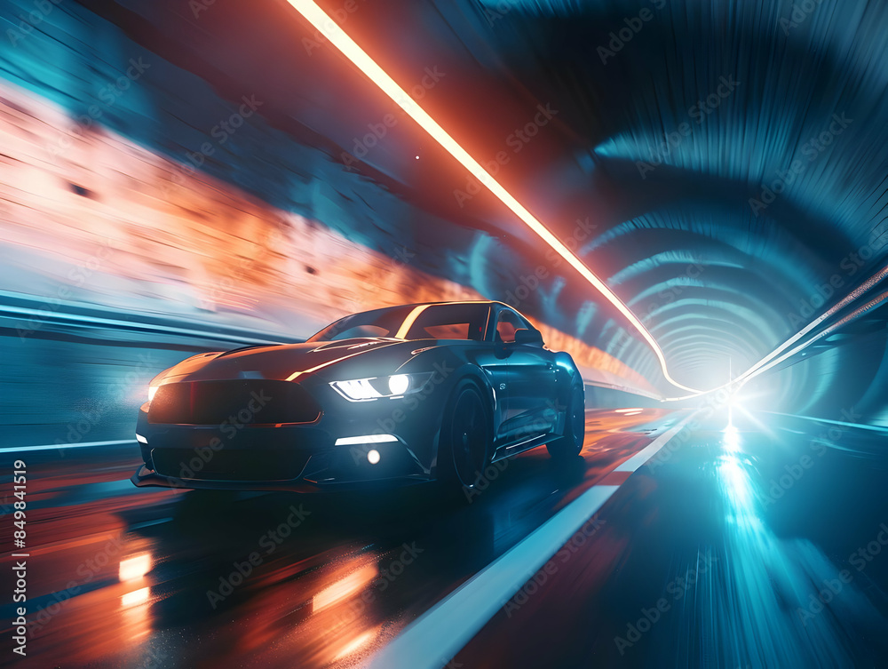 A car driving through a tunnel with its headlights on A car driving through a tunnel with its headlights on