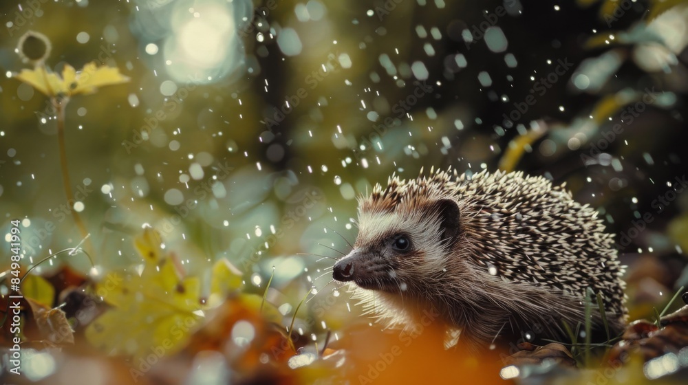 A brown hedgehog is standing in a forest with leaves on the ground A brown hedgehog is standing in a forest with leaves on the ground