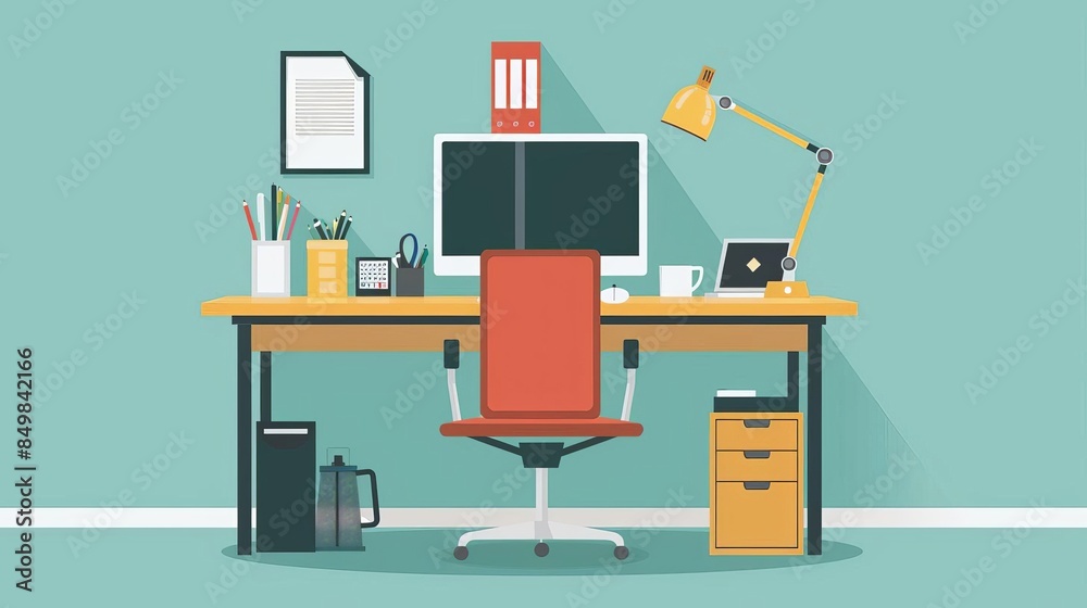 neatly organized desk flat design front view office setup theme cartoon drawing Split-complementary color scheme neatly organized desk flat design front view office setup theme cartoon drawing Split-complementary color scheme