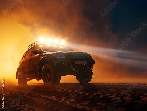 A car with roof-mounted lights driving off-road photo