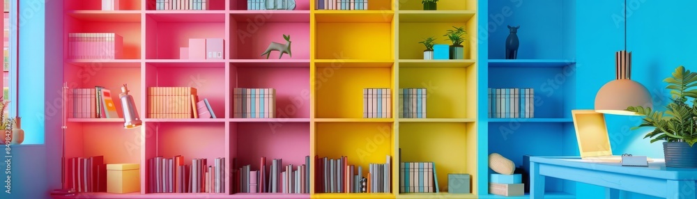 organized library flat design front view study environment theme 3D render Triadic Color Scheme organized library flat design front view study environment theme 3D render Triadic Color Scheme