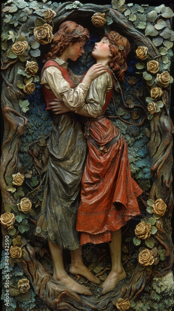 Obraz premium Intricately detailed artwork depicting two young women in Renaissance attire, surrounded by floral vines and golden roses, evoking a sense of deep emotion and connection