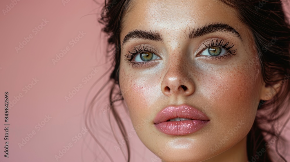 A close-up portrait of a young woman with striking green eyes, natural freckles, and glossy lips on a light pink background, showcasing natural beauty and flawless skin A close-up portrait of a young woman with striking green eyes, natural freckles, and glossy lips on a light pink background, showcasing natural beauty and flawless skin