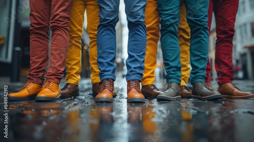 A vivid display of colorful trousers and stylish shoes worn by several individuals standing closely together on a wet cobblestone street in an urban setting