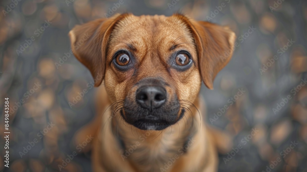 A close-up shot of a curious small brown dog with expressive eyes and a focused gaze, surrounded by a blurred background that emphasizes its facial features