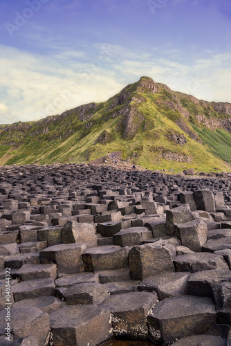 Large interlocking basalt columns at the Giant's Causeway on the North Antrim coast of Northern Ireland, United Kingdom
