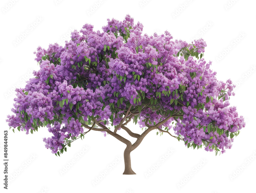 Obraz premium A vibrant purple tree with green leaves stands tall and isolated against a black background.