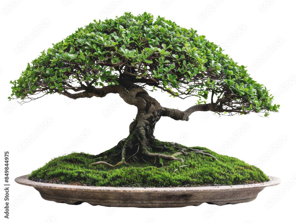A lush green bonsai tree with intricate branches and moss covered base, in a shallow pot. A lush green bonsai tree with intricate branches and moss covered base, in a shallow pot.
