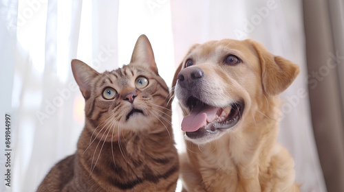 Wallpaper Mural Portrait of Happy dog and cat that looking at the camera together isolated on white background, friendship between dog and cat, amazing friendliness of the pets Torontodigital.ca