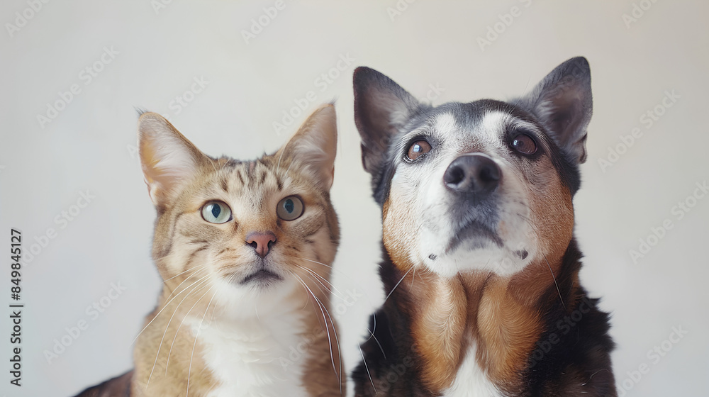 Portrait of Happy dog and cat that looking at the camera together isolated on white background, friendship between dog and cat, amazing friendliness of the pets Portrait of Happy dog and cat that looking at the camera together isolated on white background, friendship between dog and cat, amazing friendliness of the pets