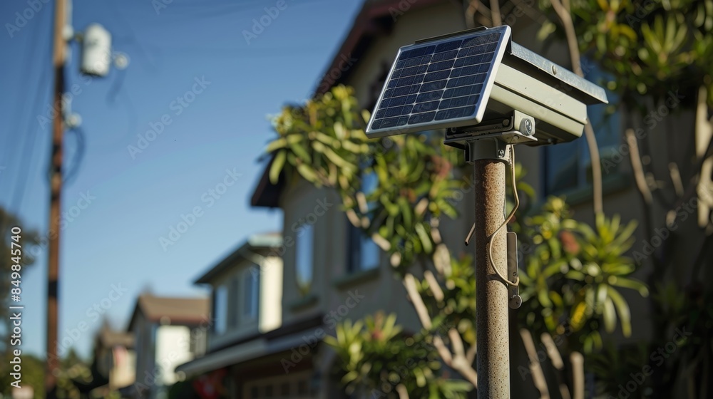 Obraz premium A security camera with a solar panel attached is mounted on a tall sy pole in a residential neighborhood.