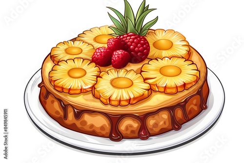 A View of 32-bit Pineapple Upside Down Cake, in a vector cartoon style, isolated white background photo