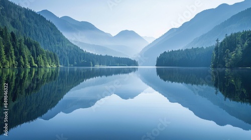 A calm lake with a mountain in the background