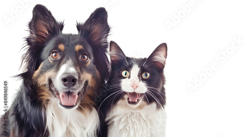 Portrait of Happy dog and cat that looking at the camera together isolated on white background, friendship between dog and cat, amazing friendliness of the pets © suldev