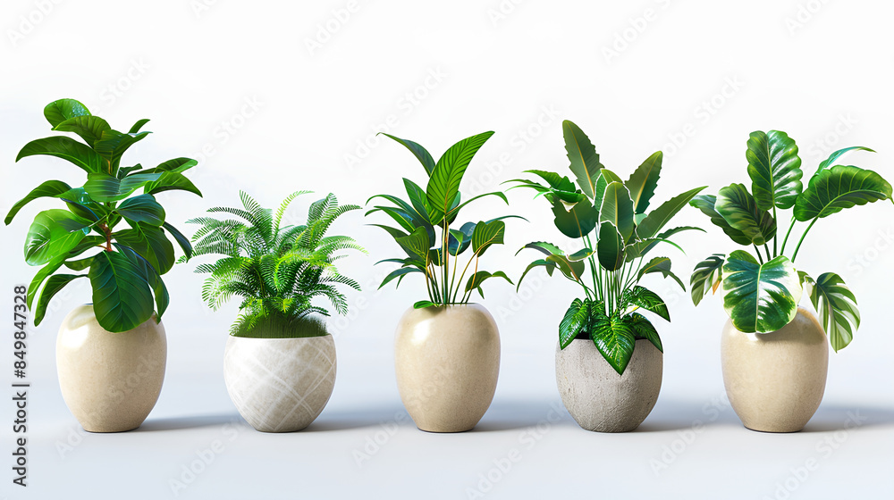 Set of Green plants in potted for interior decoration isolated on white background, Houseplant for decorated in bedroom or living room, minimal natural health concept