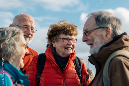 Group of senior friends hiking together in the mountains. Active seniors lifestyle concept. © Asier