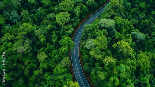 Flat view of road through green forest, healthy rain forest