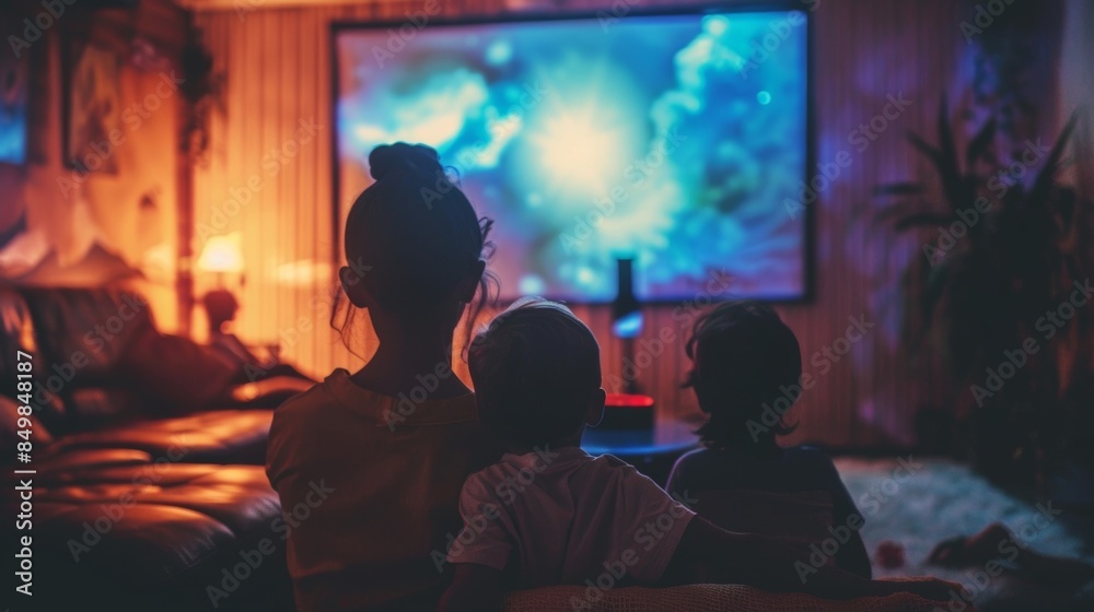 A family enjoying a movie night powered by a solarpowered projector bringing entertainment and joy to their rural home. A family enjoying a movie night powered by a solarpowered projector bringing entertainment and joy to their rural home.