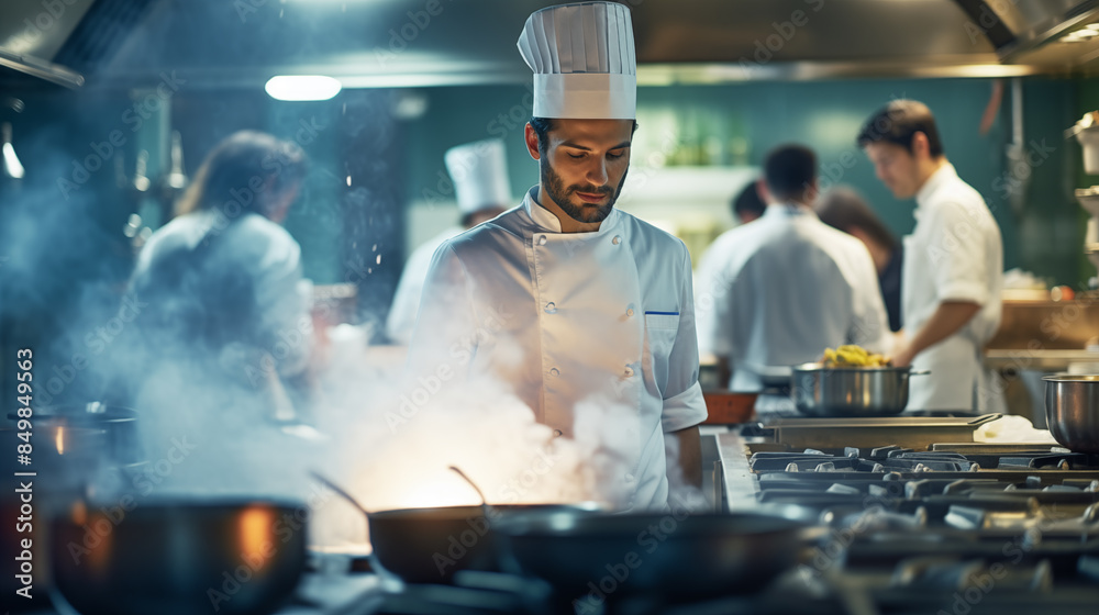Chef Cooking in Busy Kitchen Environment Chef Cooking in Busy Kitchen Environment