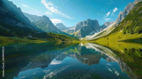 Clear alpine lake perfectly reflecting the surrounding mountains and sky AI generated
