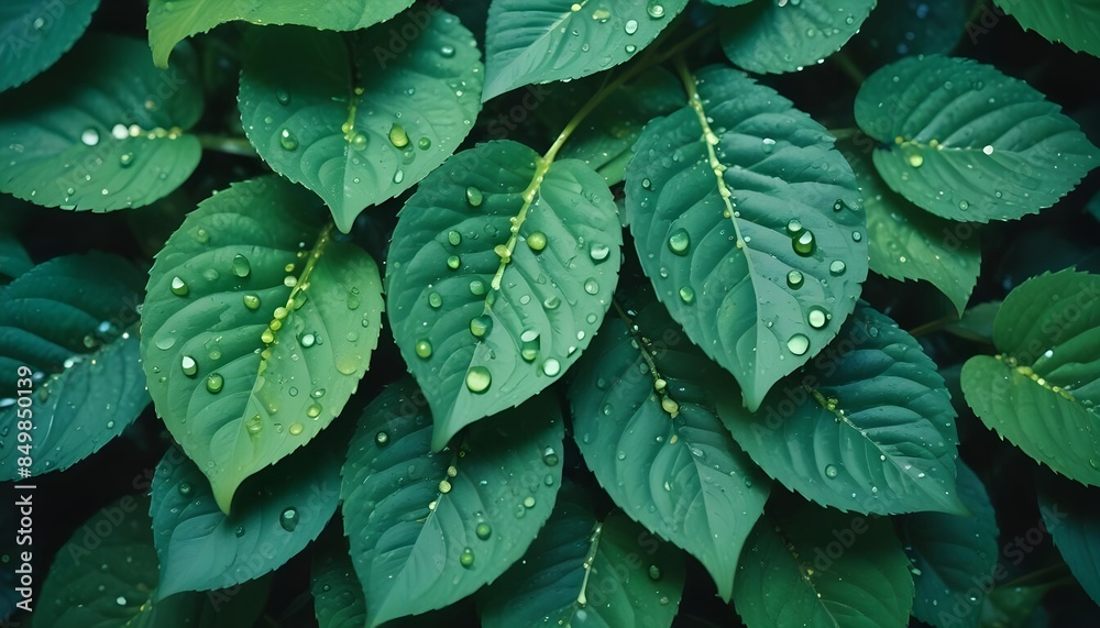 Obraz premium Overlapping green leaves with water droplets, creating a natural, textured pattern