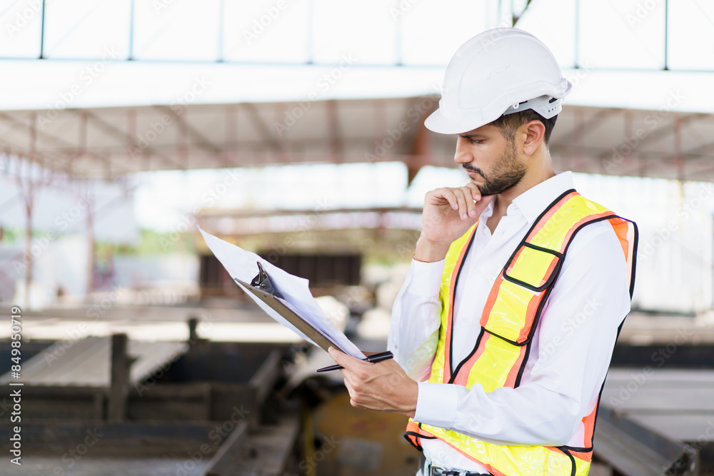 Fototapeta premium Hispanic male engineer working at construction site.