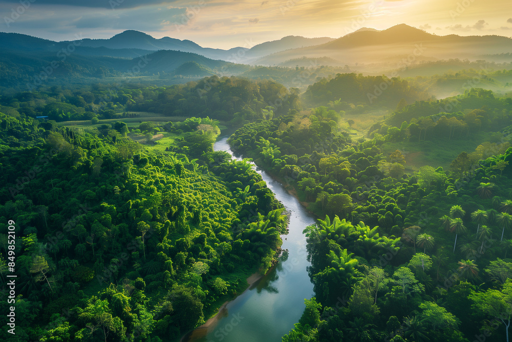 Rainforest landscape with a wide river running through it, a haven of biodiversity and natural splendor awaiting intrepid adventurers Rainforest landscape with a wide river running through it, a haven of biodiversity and natural splendor awaiting intrepid adventurers