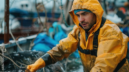Fisherman Working on a Boat in a Yellow Raincoat
